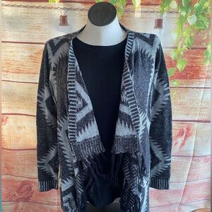 New York & Company Black and Gray Aztec Patterned Flyaway Cardigan with Fringe
